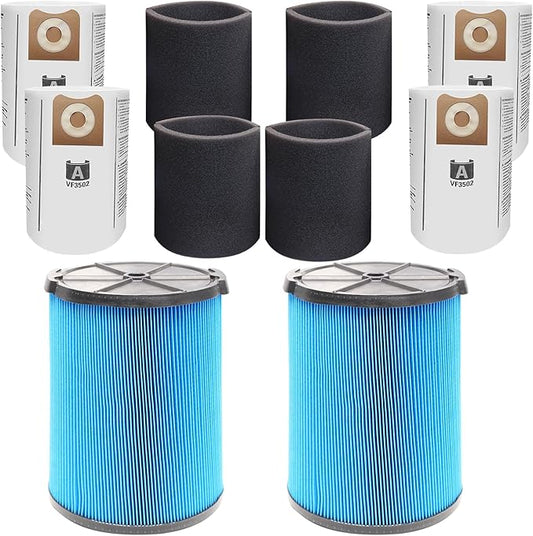 2 Pack VF5000 Filters + 4 Pack VF3502 Filter Bags + 4 Pack Foam Sleeve for Ridgid 6-20 Gallon Wet Dry Vacuum Cleaner (10 Pack)