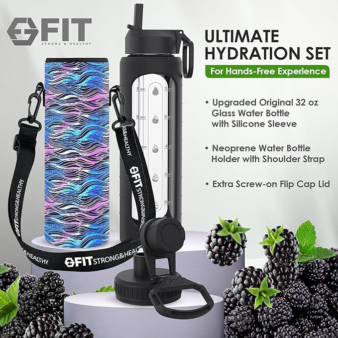 FIT Strong & Healthy 32 oz Glass Water Bottle with Straw Lid, Time Marker, Sleeve & Extra Lid - Motivational, Wide Mouth 1 Liter Glass Drinking Bottle