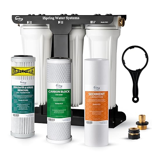 iSpring CW31-BV 3-Stage RV Water Filter System, SGS-Tested up to 99.99% Bacteria and Viruses Removal, Reduces Chlorine, Lead, and Sediment, Leak-Free, Tankless, 3/4" Lead-Free Brass Hose Connectors