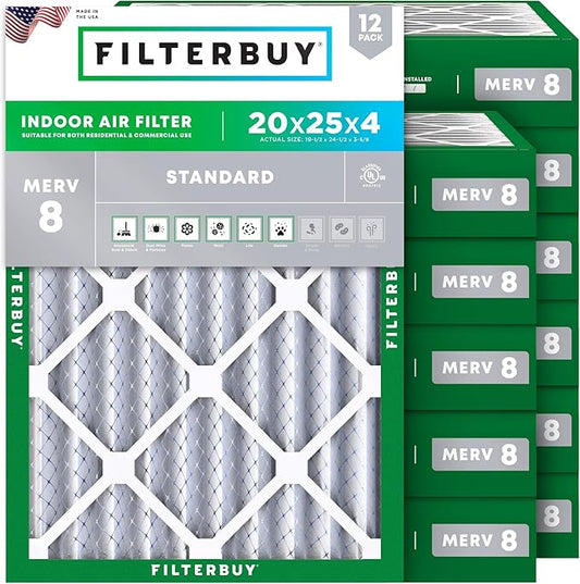 Filterbuy 20x25x4 Air Filter MERV 8 (MPR 700) Dust Defense Replacement (12-Pack), Electrostatic Pleated HVAC AC Furnace Filters, Made in USA (Actual Size: 19.50 x 24.50 x 3.63)