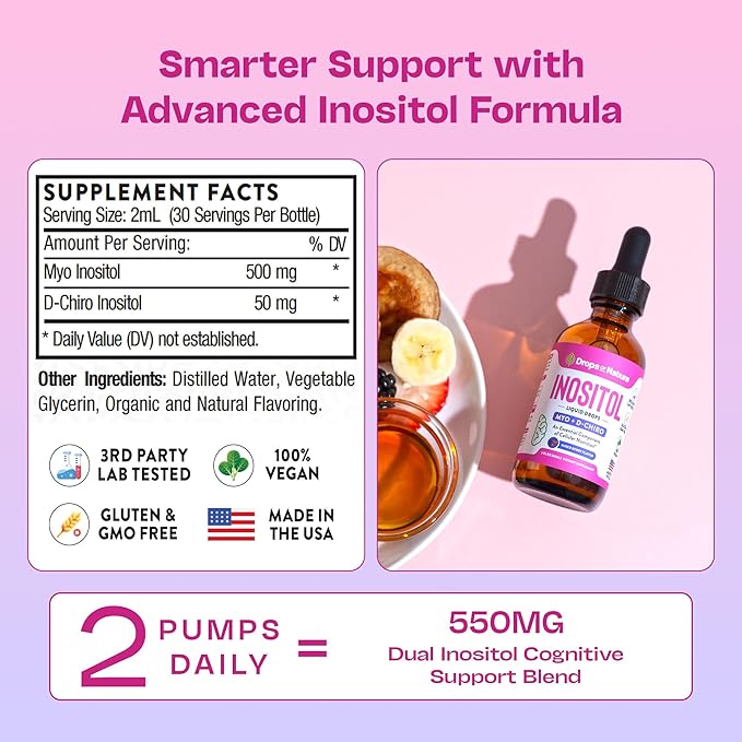 Inositol Liquid Drops Supplement – D Chiro and Myo Inositol Supplement for Women – Vegan, GMO-Free, Easy Liquid Dose – Supports Balance, Clarity, Cellular Health & General Wellness (Mixed Berry, 60mL)