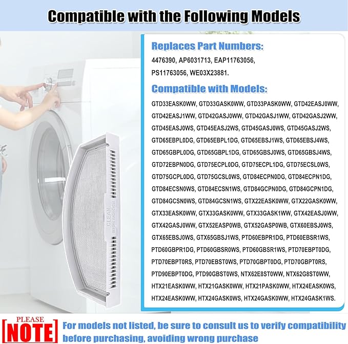WE03X23881 Dryer Lint Filter for Dryer GTD33EASK0WW GTD42EASJ2WW GTD65GBSJ3WS Lint Filter Screen Assembly Replacement Parts 4476390 AP6031713 PS11763056
