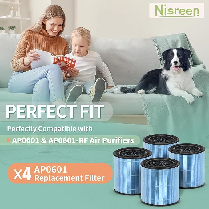 4-Pack AP0601 True HEPA Replacement Filter, Compatible with AP0601/AP0601-RF Air Pu-rifier, with H13 True HEPA Filter and High-Efficiency Activated Carbon 4-IN-1 Filtration, 4 Packs