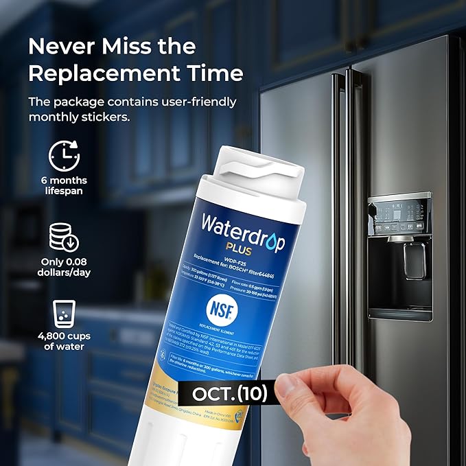 Waterdrop Plus 644845 NSF 401&53&42 Certified Refrigerator Water Filter, 𝐑𝐞𝐝𝐮𝐜𝐢𝐧𝐠 lead and 𝐏𝐅𝐀𝐒, Replacement for Bosch® 11034152, 9000077104, UltraClarity® REPLFLTR10, 3 Filters