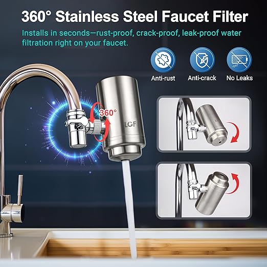 LCF 360° Rotating Stainless-Steel Faucet Water Filter - High Flow, Mineral-Enhanced Tap Water Filter, Reduces Chlorine, Heavy Metals and Bad Taste, Easy Install, 320 Gallons, Kitchen Sink Ideal