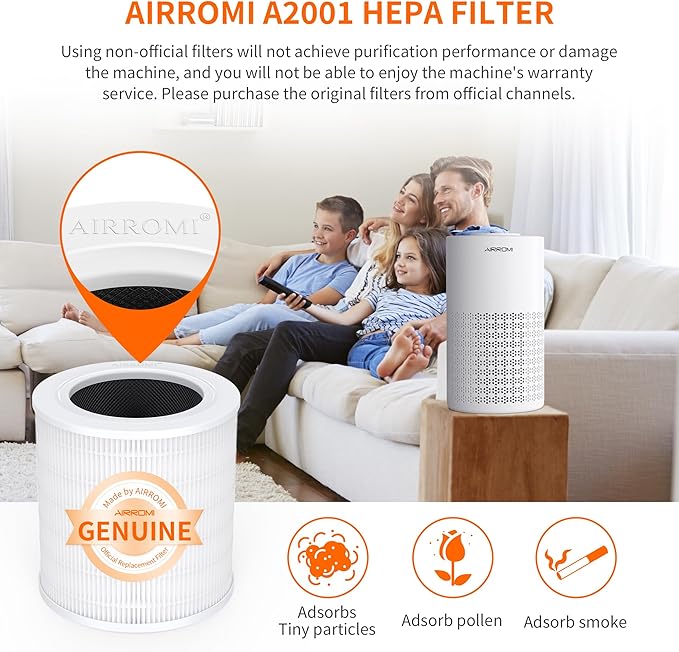 AIRROMI A2001 HEPA Air Purifier Replacement Filter, 3-In-1 Original Filter, Remove 99.97% of 0.3 Micron Particle 2 Pack White Activated Carbon