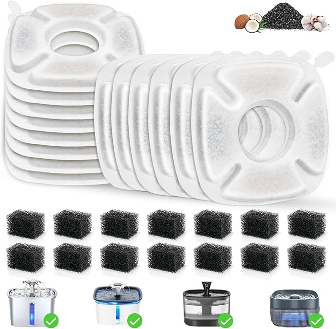 28 Pack Pet Water Fountain Filters, 14 Pcs Replacement Cat Filters & 14 Pcs Pre-Filter Sponges for 95oz/2.8L 135oz/4L 67oz/2L Automatic Pet Cats Dog Water Fountain Dispenser