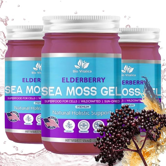 Sea Moss Gel by BioVitalica - Irish sea Moss raw Organic - Premium Quality - Dr Sebi, Vegan superfood for Cells - 100% Natural Seamoss Gel - (Pack of 3, Elderberry)