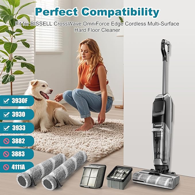 3930F 3933 3930 Brush Roll Filter Replacement Kit for Bissell CrossWave OmniForce Edge Cordless Multi-Surface Hard Floor Cleaner Wet Dry Vacuum, 2 HEPA Filters, 2 ZeroGap Brush Roll, 1640897, 1640066