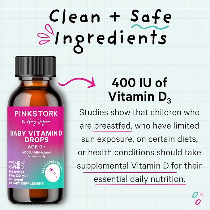 Pink Stork Baby Liquid Vitamin D Drops for Infants, 400 IU Vitamin D3 for Newborns and Kids to Help Support Bone Development and Healthy Immune Function - 1 fl oz, 2 Month Supply