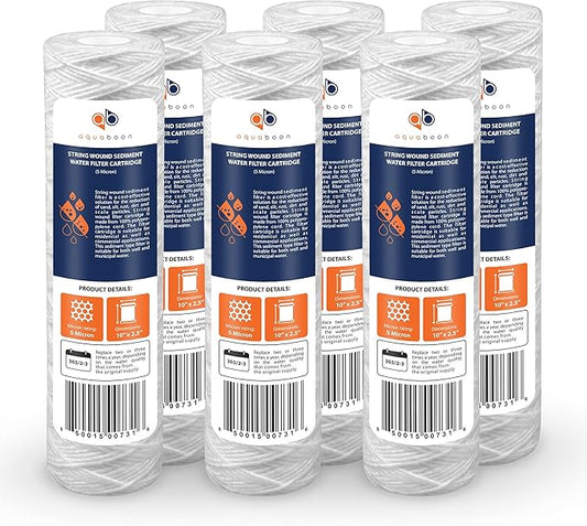 Aquaboon Whole House 5 Micron 10 x 2.5 String Wound Sediment Water Filter Cartridge Replacement Compatible with Well Water Filter WHKF-WHSW, 6-Pack