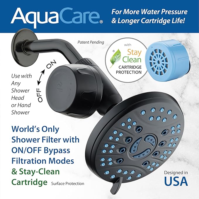 AquaCare Skin & Hair - World's Most Advanced Shower Filter for Fixed or Handheld Shower Heads with ON/OFF Filtration Modes, Instant Cartridge Reload & Stay-Clean Enriched KDF Cartridge/Matte Black