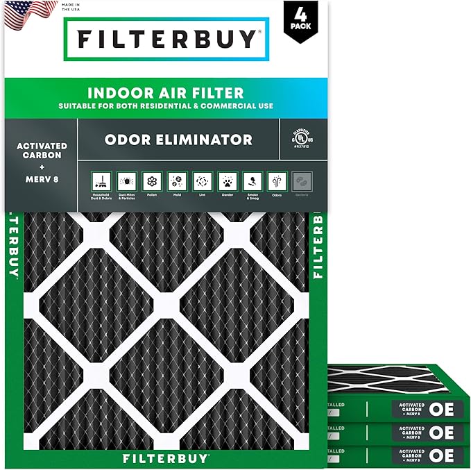 Filterbuy 20x24x1 Air Filter MERV 8 (MPR 700) Odor Eliminator Replacement (4-Pack), Electrostatic Pleated HVAC AC Furnace Filters w/Activated Carbon, Made in USA (Actual Size: 19.38 x 23.38 x 0.75)