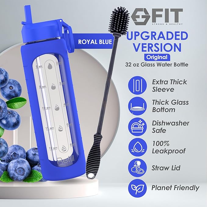 FIT Strong & Healthy 32 oz Glass Water Bottle with Straw Lid, Time Marker, Sleeve & Extra Lid - Motivational, Wide Mouth 1 Liter Glass Drinking Bottle