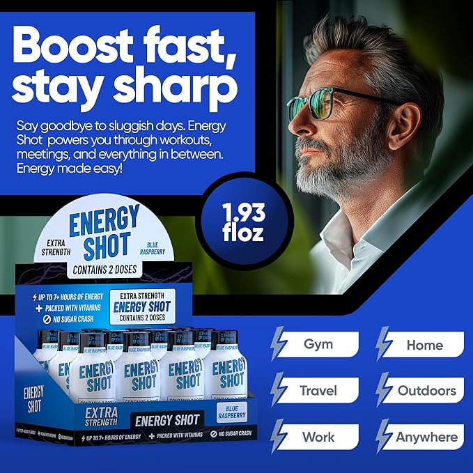 Energy Shot – 2 Servings – 100% DV B-Vitamins & 130mg Plant-Based Caffeine – Zero Calories, Sugar-Free, Vegan, Non-GMO – Energy & Productivity Support (1.93 Fl Oz (Pack of 12), Blue Raspberry)