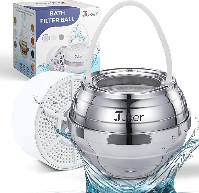 JUKER Bath Water Filter for Tub - 8 Stages-Bathtub Water Filter Removes Hundreds of Contaminants- Hard Water Softener- Improves Your Bath water for Healthier Skin, Hair and Nails Condition - Silver