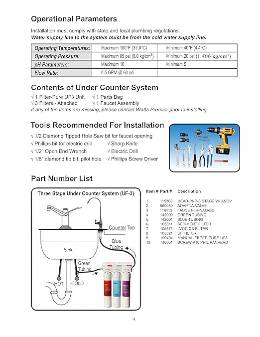 Watts Premier Pure UF-3 Three-Stage Under Counter Ultra Filtration System, Filter-Pure Module, Push Button Water Filters: Sediment Filter, LVOC Carbon Filter, UF Membrane, WQA Certified