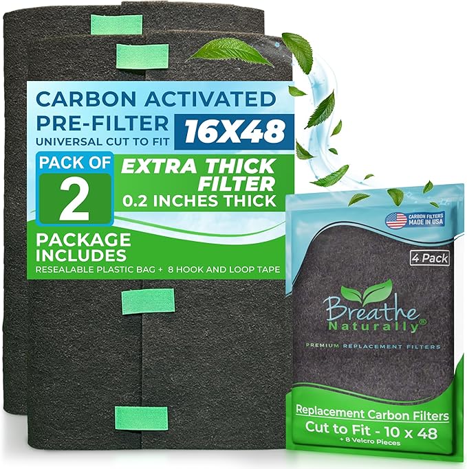 Breathe Naturally Universal Cut To Fit Activated Carbon Air Filter - Replacement Charcoal Air Filters - Carbon Filter Sheet for Air Purifier, Vent Filters & More - Made in USA (Pack of 2, 16x48)
