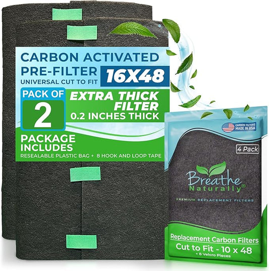 Breathe Naturally Universal Cut To Fit Activated Carbon Air Filter - Replacement Charcoal Air Filters - Carbon Filter Sheet for Air Purifier, Vent Filters & More - Made in USA (Pack of 2, 16x48)