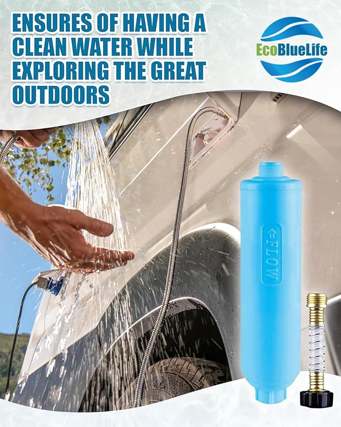 EcoBlueLife RV Water Filter - Inline Attachment with KDF & Activated Carbon, Reduces Odors, Chlorine-Taste, Sediments for Pure Drinking Waters, Perfect for Travel Trailers, Marine, Camper Water Filter