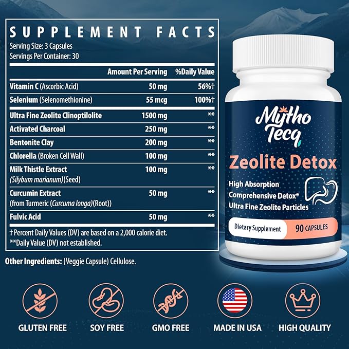 2300 MG Zeolite Detox Capsules - Activated Charcoal & Bentonite Clay, Highly Absorbable Full Body Detox, Liver & Gut Detox Cleanse, Zeolite Clinoptilolite for Heavy Metal Detox （90 Capsules）