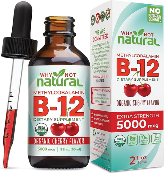 Why Not Natural Organic Vitamin B12 Liquid - Sublingual Extra Strength 60 x 5000 mcg Methylcobalamin Drops, Vegan, Maximize Absorption and Energy