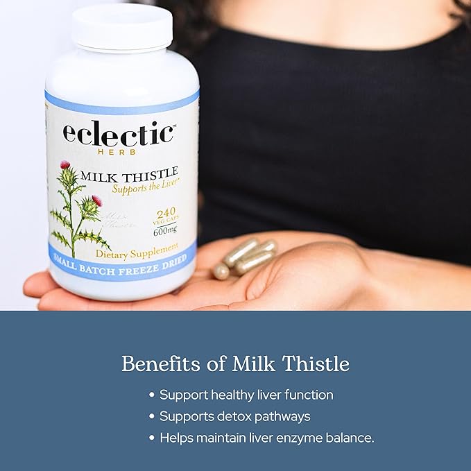 Eclectic Herb - Premium Freeze Dried Milk Thistle Capsules | Dietary Supplement | Liver Support, Detox, Cleanse + Maintain | Natural, Non-GMO, Vegan (240 CT | 600 mg)