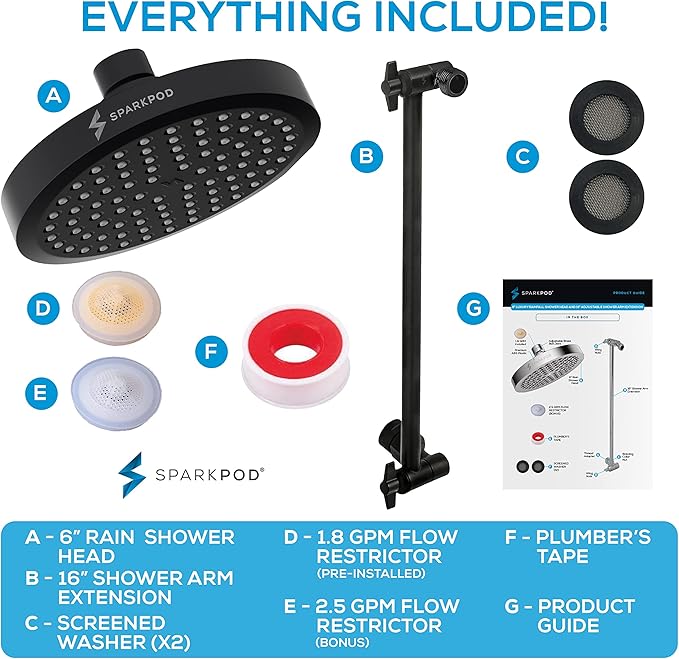 SparkPod Round Rain Shower Head with Shower Head Extension Arm - High Pressure Rain - Luxury Modern Look - No Hassle Tool-less 1-Min Installation (16" Shower Arm Extension, Midnight Black Matte)