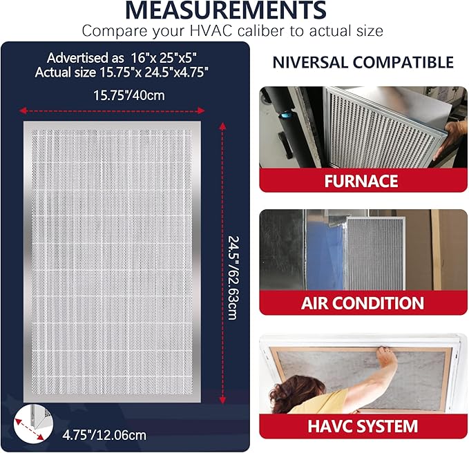 16x25x5 Reusable Electrostatic Air Filter, MERV 8 Lifetime Aluminum AC/HVAC Furnace Filter, Honeywell FC100A1029, Lennox X6670, Carrier, Bryant Increases Airflow（Actual Size:15.75"x 24.5"x4.75")