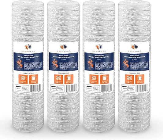 Aquaboon 5 Micron 20 x 4.5 Whole House String Wound Water Filter Replacement Cartridge for Well Water Filtration Compatible with WP5BB20P, 4-Pack
