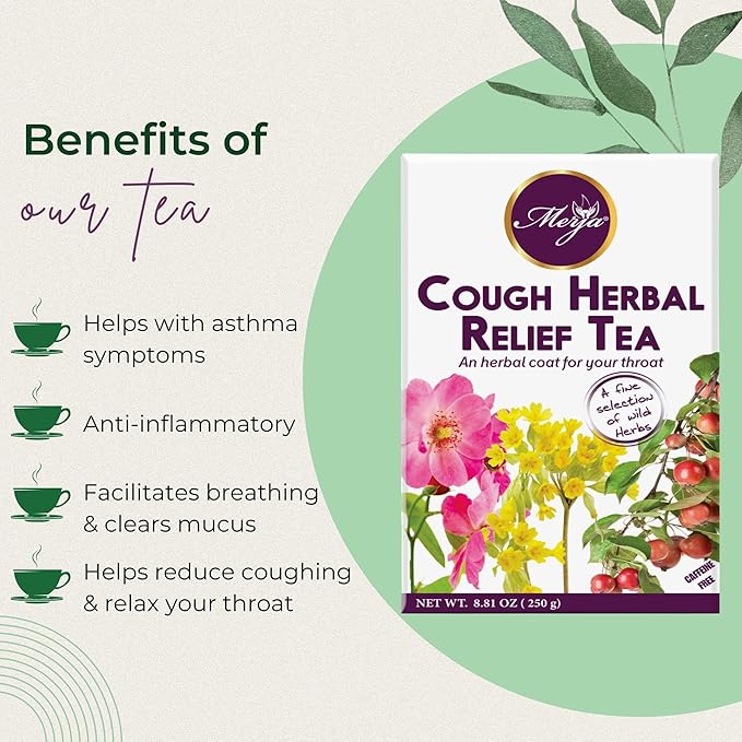 Merja Herbs Cough Relief Herbal Tea [250g] Caffeine-Free Tea for Cough & Cold Relief, Sore Throat & Cough Support | Mediterranean Loose Tea | Herbal Teas & Beverages, Pack of 1