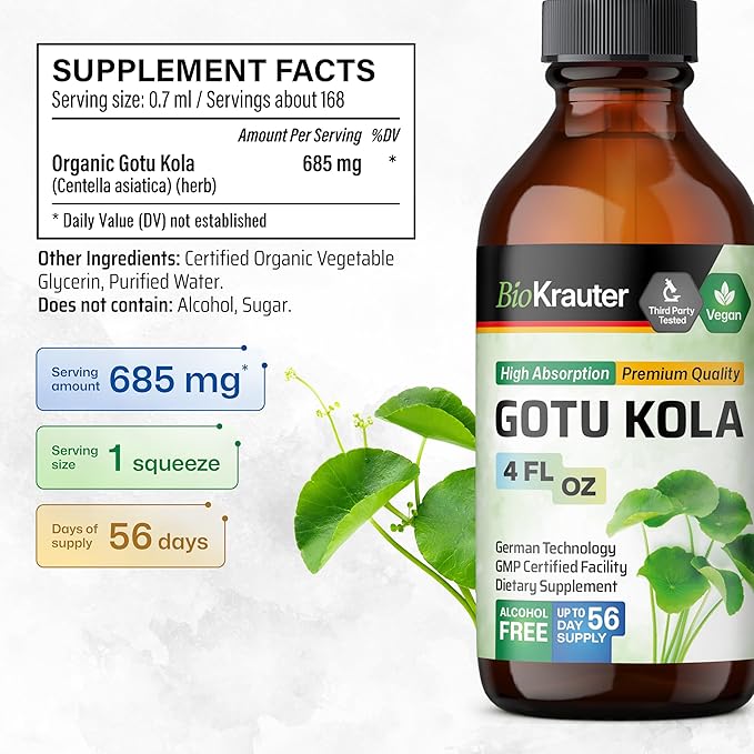 BIO KRAUTER Gotu Kola Tincture - Centella Asiatica Extract - Alcohol and Sugar Free Gotu Kola Extract - Vegan Drops 4 Fl.Oz.