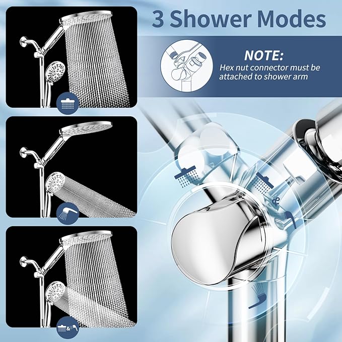 KAIYING Dual Shower Heads with Handheld Spray Combo, High Pressure Modern Rain Shower Head with 9-Mode Handheld Showerhead, Double Rainfall Shower Head with 79-Inch Stainless Steel Hose (Chrome)