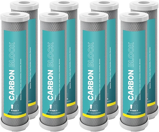 NU Aqua Reverse Osmosis Carbon Block Filter 10 Inch Replacement - 5 Micron Universal RO Water Filtration System Cartridge - 8 Pack of Premium Filters