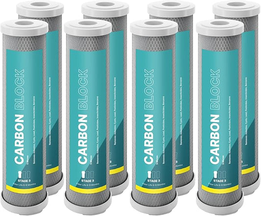 NU Aqua Reverse Osmosis Carbon Block Filter 10 Inch Replacement - 5 Micron Universal RO Water Filtration System Cartridge - 8 Pack of Premium Filters