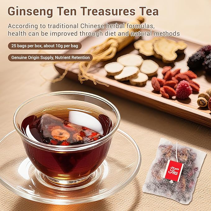 Ginseng Ten Treasures Kidney Tea, Natural Ginseng & Mulberry Herbal Tea kidney cleanse detox & repair Teabags for Men Women, 10 Precious Ingredients Formula (2 Pack/50 Bags)