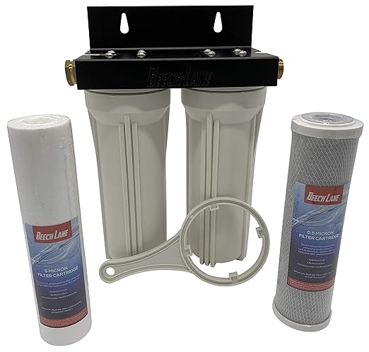 Beech Lane External RV Dual Water Filter System, Leak-Free Brass Fittings, Mounting Bracket and Two Filters Included, Sturdy Construction is Built to Last