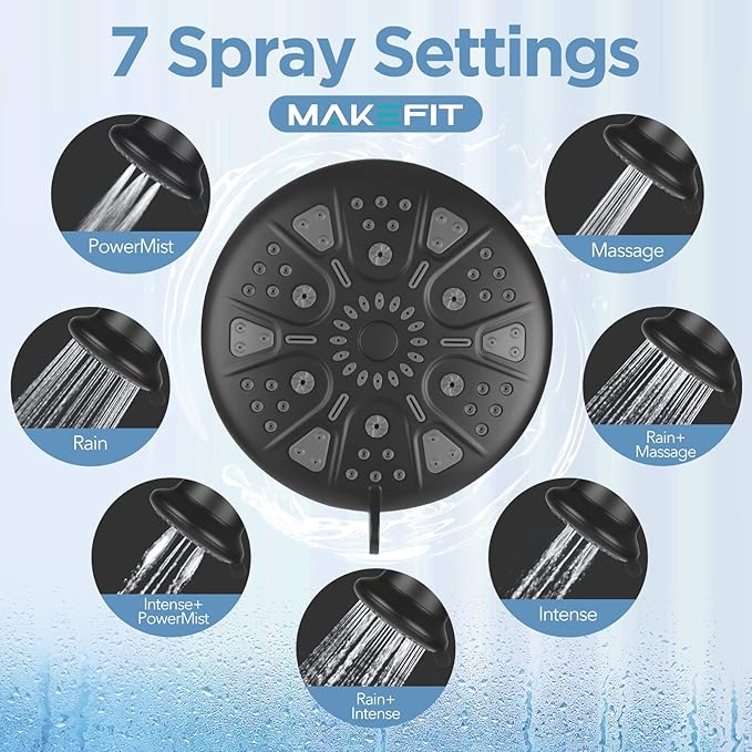 Filtered Shower Head Matte Black- High Pressure Shower Head with filter for Hard Water - Rain Shower Head Water Softener - Luxury 7 Settings Adjustable Water Filter Showerhead (Matte Black)