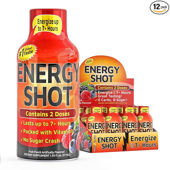 Energy Shot – 2 Servings – 100% DV B-Vitamins & 130mg Plant-Based Caffeine – Zero Calories, Sugar-Free, Vegan, Non-GMO – Energy & Productivity Support (1.93 Fl Oz (Pack of 12), Fruit Punch)