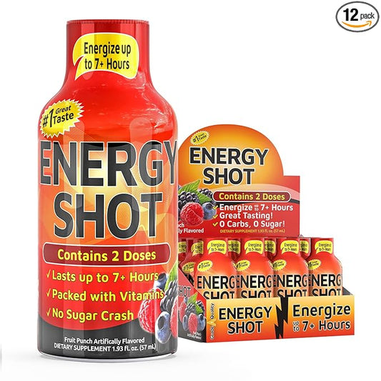 Energy Shot – 2 Servings – 100% DV B-Vitamins & 130mg Plant-Based Caffeine – Zero Calories, Sugar-Free, Vegan, Non-GMO – Energy & Productivity Support (1.93 Fl Oz (Pack of 12), Fruit Punch)