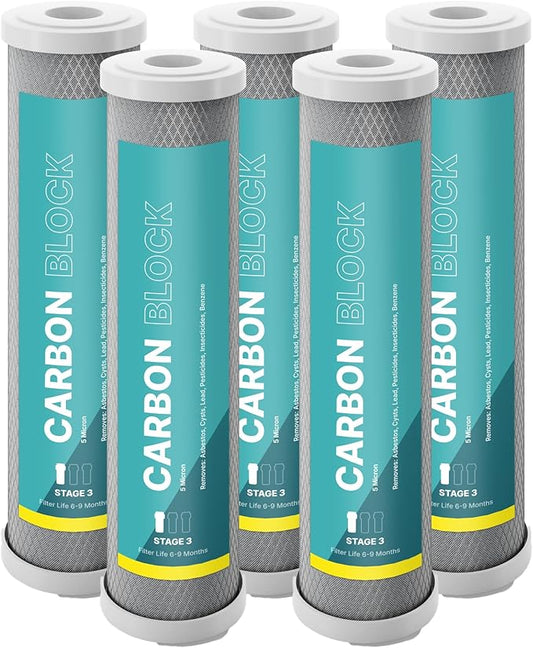 NU Aqua Reverse Osmosis Carbon Block Filter 10 Inch Replacement - 5 Micron Universal RO Water Filtration System Cartridge - 5 Pack of Premium Filters
