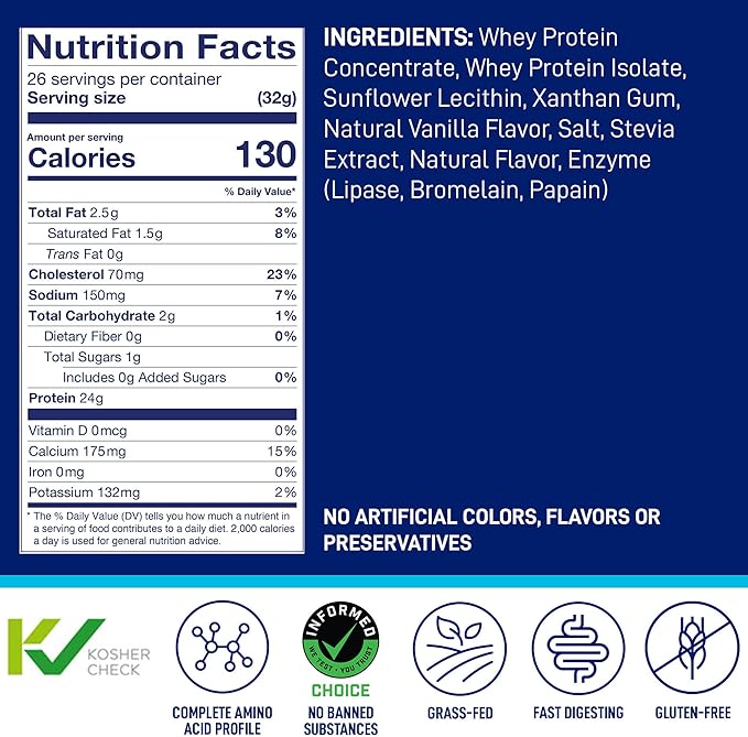 LeanFit WHEY Protein Natural Vanilla – 100% Whey Protein Powder, 24g Protein Per Serving – Grass-Fed, Gluten-Free, Low Carb, BCAAs, Amino Acid – 23 Servings, 1.83 Pound Tub