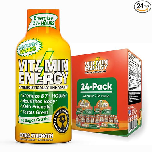 Vitamin Energy Immune+ Extra Strength Energy Shot Mango 24 Pack, 260mg Natural Caffeine, B-Vitamins, Citicoline, Green Tea, Immunity & Focus Support, Zero Sugar, Gluten-Free 1.93 fl oz