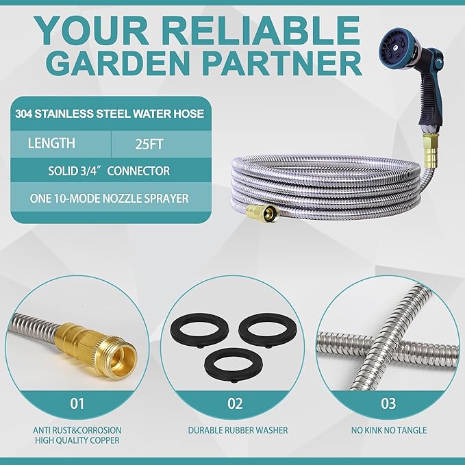 25FT 5/8'' Garden Hose, 304 Stainless Steel Water Hose, Flexible with a 10-Mode Nozzle Sprayer, No Kink, Lightweight, Puncture Proof Metal Hose, Ideal for Yard, Lawn, Outdoor