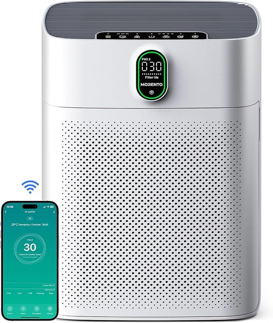 MORENTO Air Purifier for Home Large Room Bedroom Up to 1076 ft², Wi-Fi and Alexa Control, PM2.5 Air Quality Monitor, Auto Mode, HEPA Filter Removes Dust, Pollen, Smoke 1 Pack, White