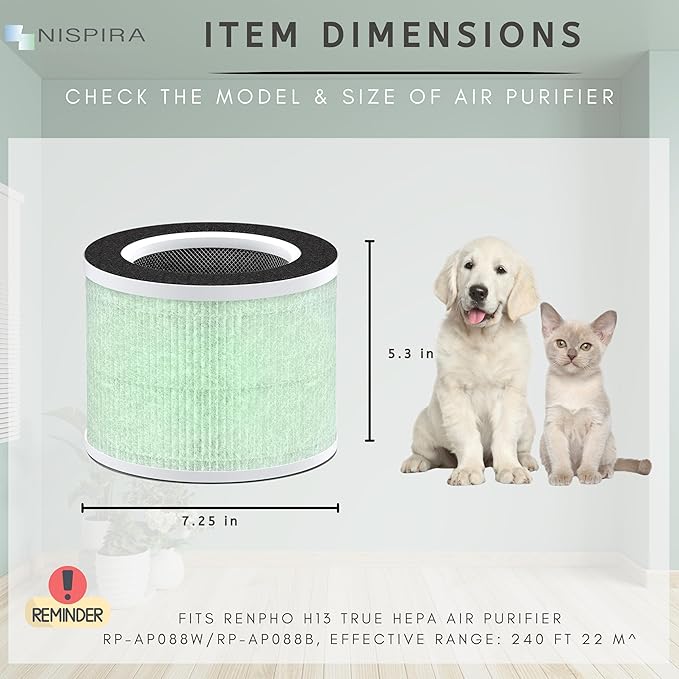 Nispira RP-AP088-F1 RP-AP088 Replacement Filter for RENPHO Air purifier RP-AP088W RP-AP088-F2 H13 4-in-1 HEPA Activated Carbon, 4 Packs