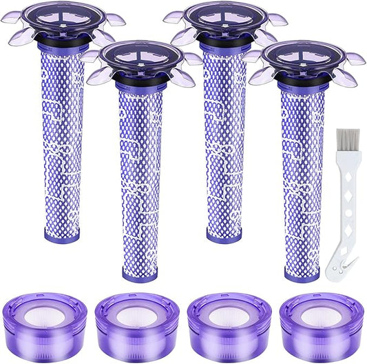 Upgraded V7 V8 Cordless Vacuum Cleaner Filter for Dyson V7 V8 Animal and V8 Absolute Cordless Vacuum, 4 Pre-Filters, 4 Post-Filters, 1 Brush, Compare to Part 965661-01 & 967478-01