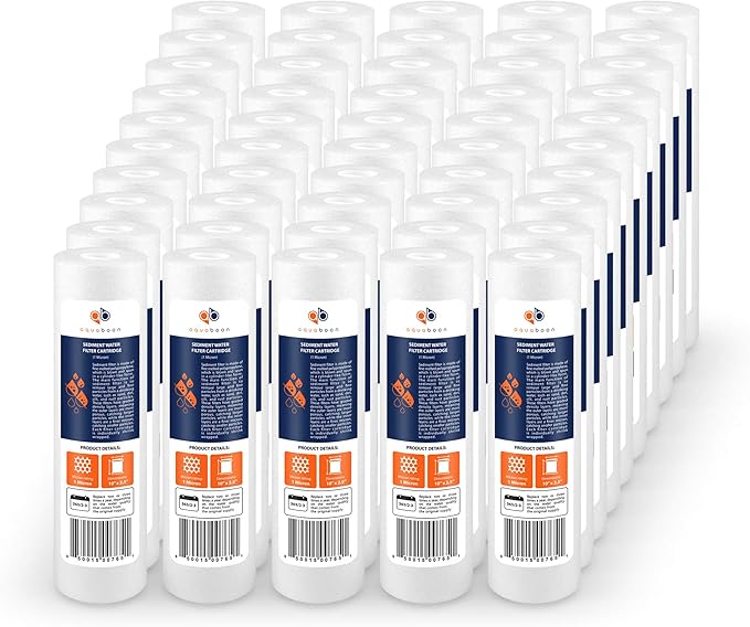 Aquaboon 1 Micron Whole House Sediment Filter 10 x 2.5 for RO & Well Water Filters Replacement Cartridges Compatible with AP110, WHKF-GD05, 50 Pack