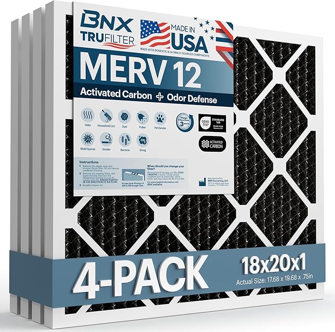 BNX TruFilter 18x20x1 MERV 12 Odor Defense (4-Pack) AC Furnace Air Filter with Activated Carbon - MADE IN USA - Pleated Air Conditioner HVAC AC Furnace Filters - Removes Odor, Mold, Bacteria, Smoke