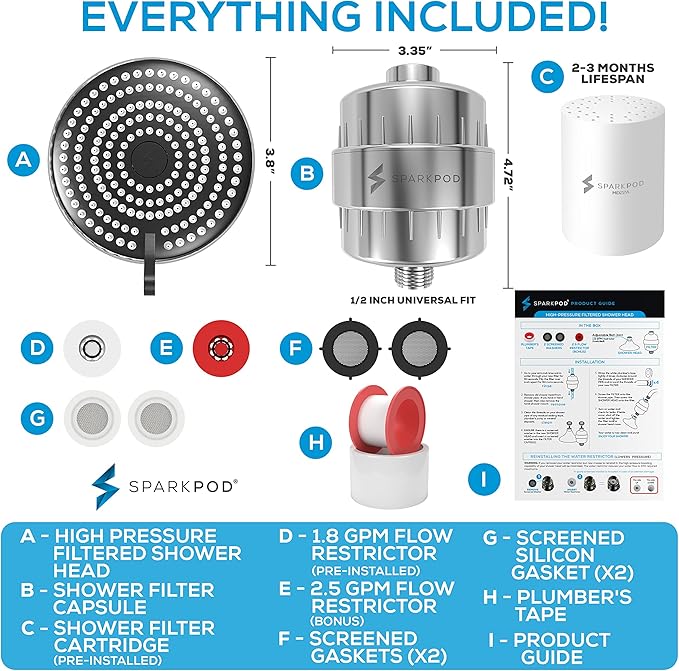 SparkPod 23-Stage Filtered Shower Head with 3 Spray Settings - High Pressure Shower Head with Filters for Dry Hair and Skin - Showerhead with Filter Reduces Chlorine & Heavy Metals (Polished Chrome)